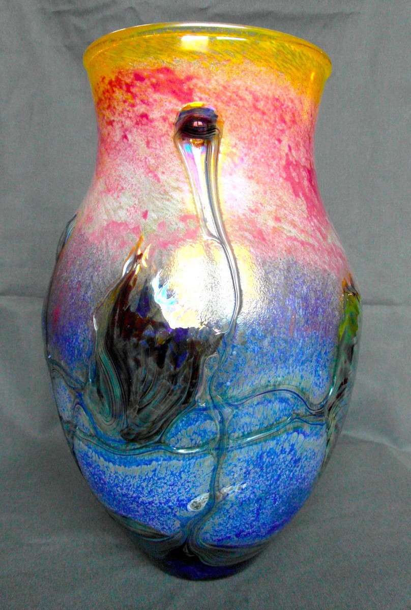  grand Vase à Applications Et Irisations Par J.c. Novaro De Biot, Era Daum Pierini Galle-photo-4