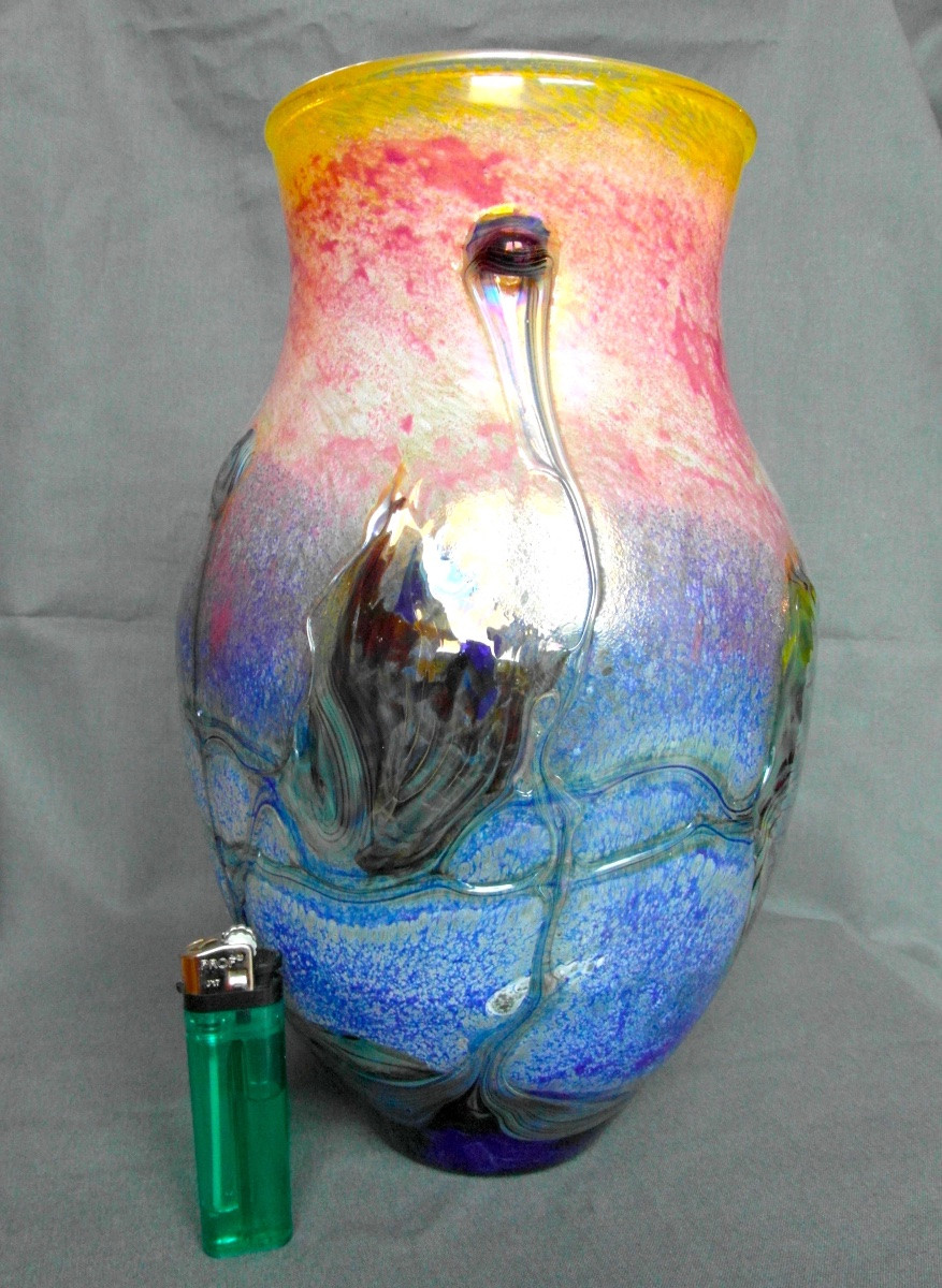  grand Vase à Applications Et Irisations Par J.c. Novaro De Biot, Era Daum Pierini Galle-photo-5