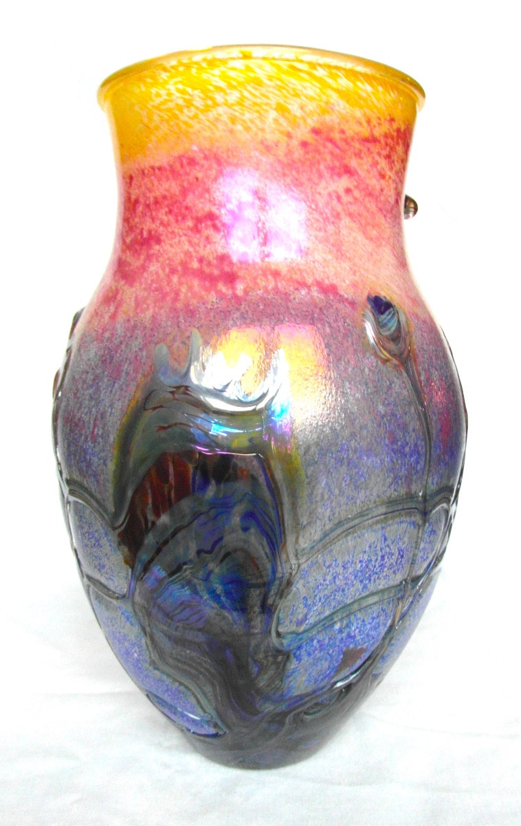  grand Vase à Applications Et Irisations Par J.c. Novaro De Biot, Era Daum Pierini Galle
