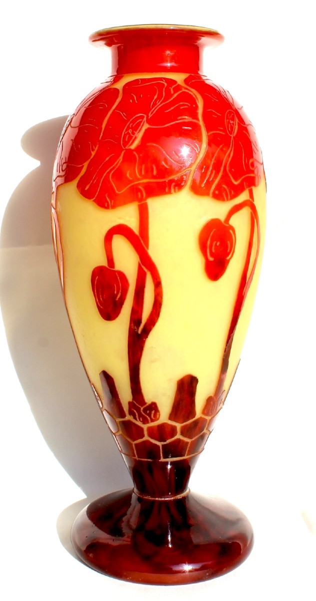 Vase aux pavots en verre gravé par Schneider signé "le verre français", era daum galle art-déco-photo-2