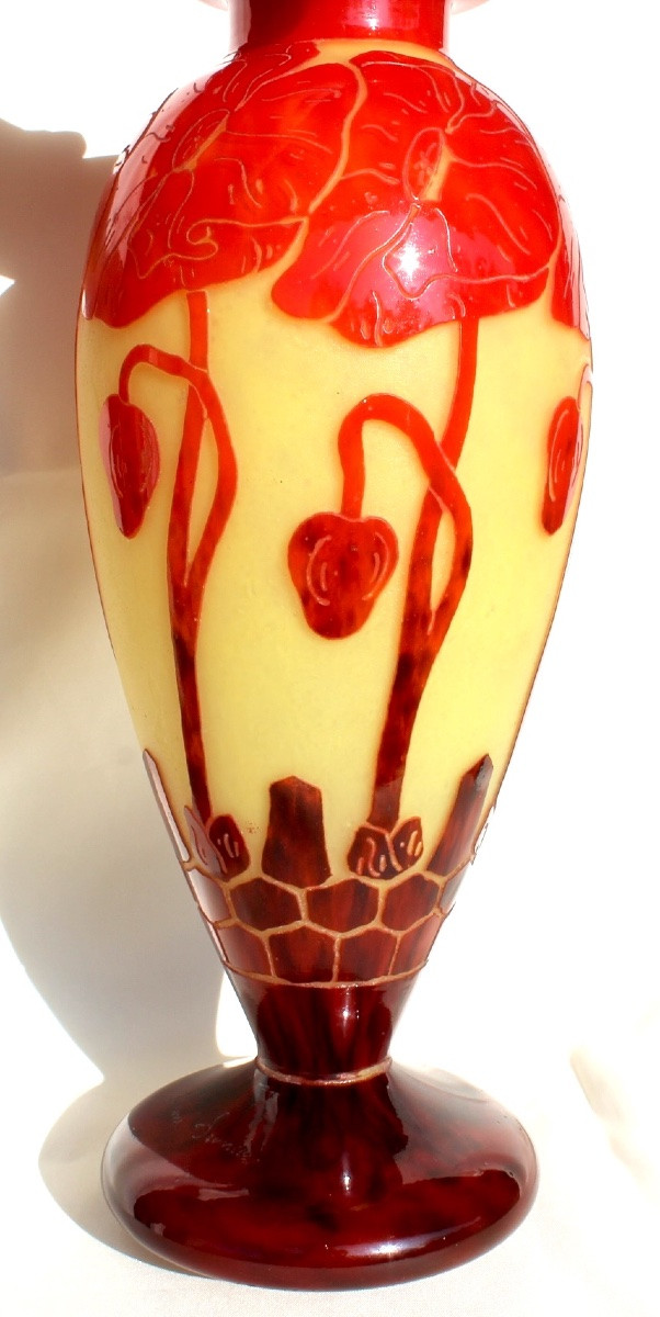 Vase aux pavots en verre gravé par Schneider signé "le verre français", era daum galle art-déco-photo-3