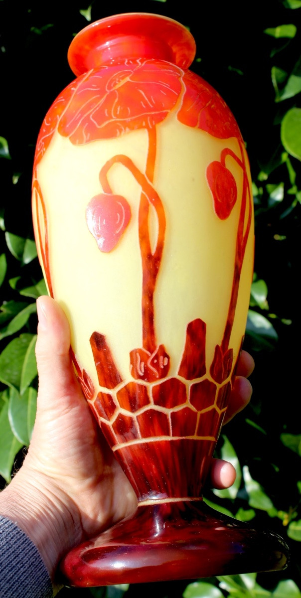 Vase aux pavots en verre gravé par Schneider signé "le verre français", era daum galle art-déco-photo-4