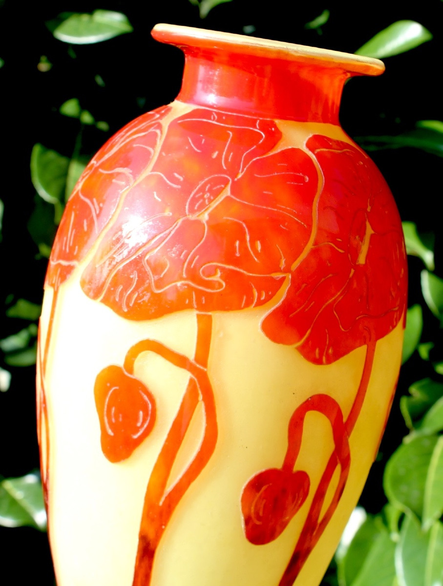 Vase aux pavots en verre gravé par Schneider signé "le verre français", era daum galle art-déco-photo-5