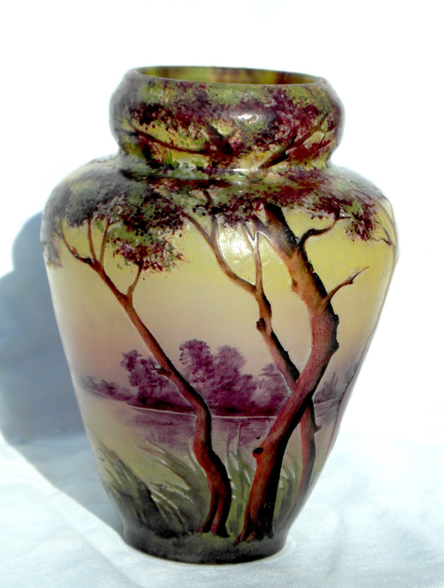 Vase Muller en verre gravé et émaillé , paysage lacustre, era daum galle 1900-photo-3