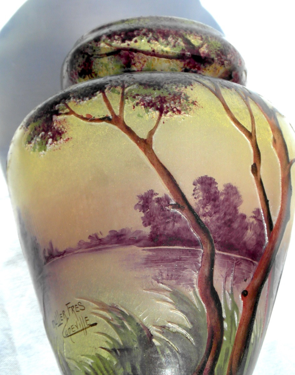 Vase Muller en verre gravé et émaillé , paysage lacustre, era daum galle 1900-photo-4