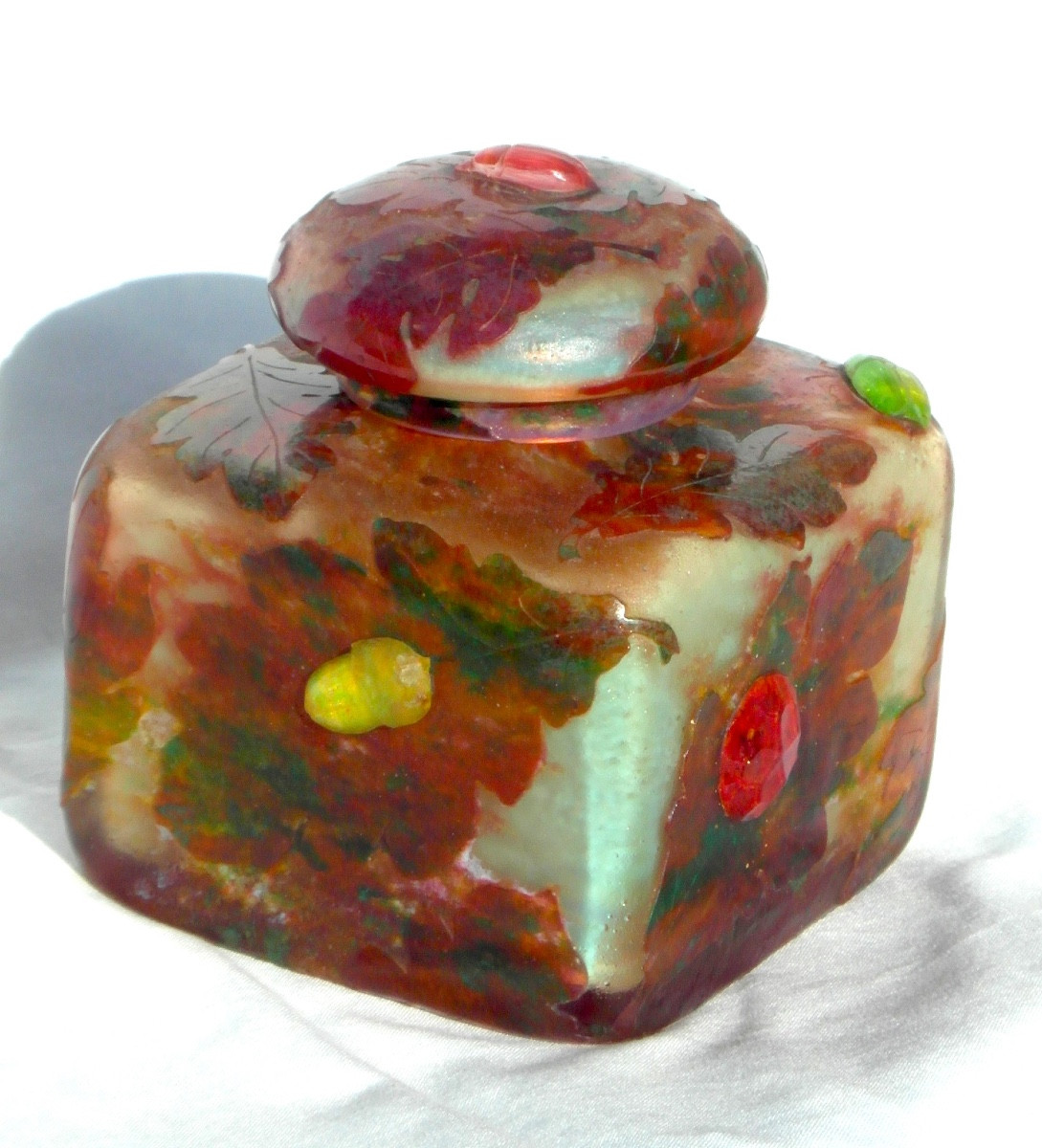 Daum Inkwell With Oak Leaves And Beetle Appliqués, Galle Era 1900-photo-2