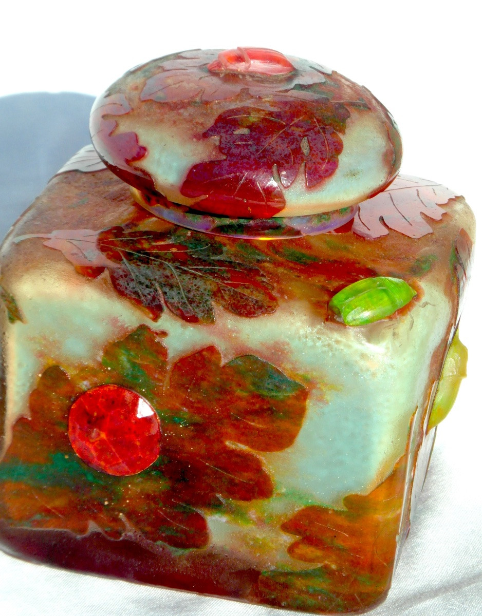 Daum Inkwell With Oak Leaves And Beetle Appliqués, Galle Era 1900-photo-1