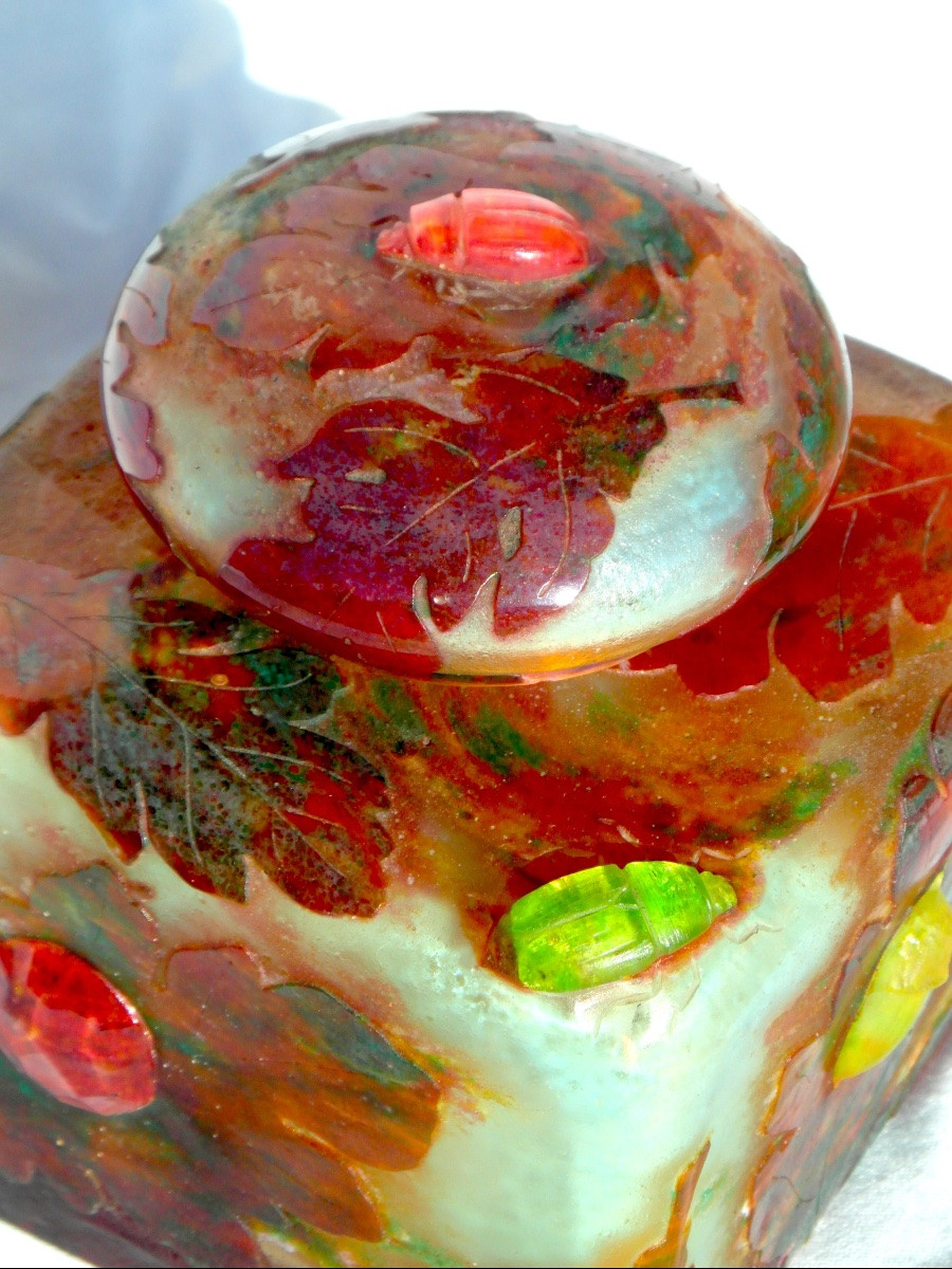 Daum Inkwell With Oak Leaves And Beetle Appliqués, Galle Era 1900-photo-2