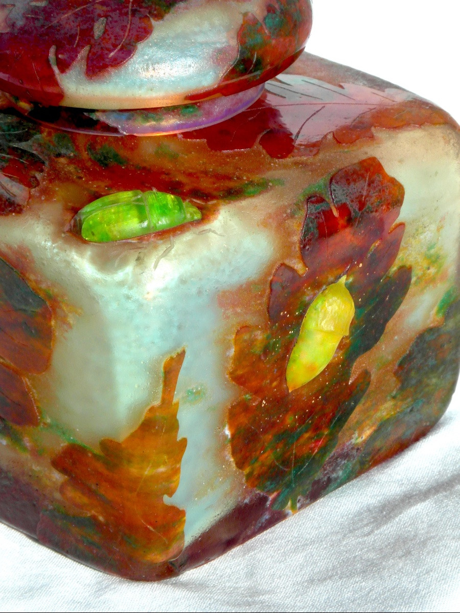 Daum Inkwell With Oak Leaves And Beetle Appliqués, Galle Era 1900-photo-3