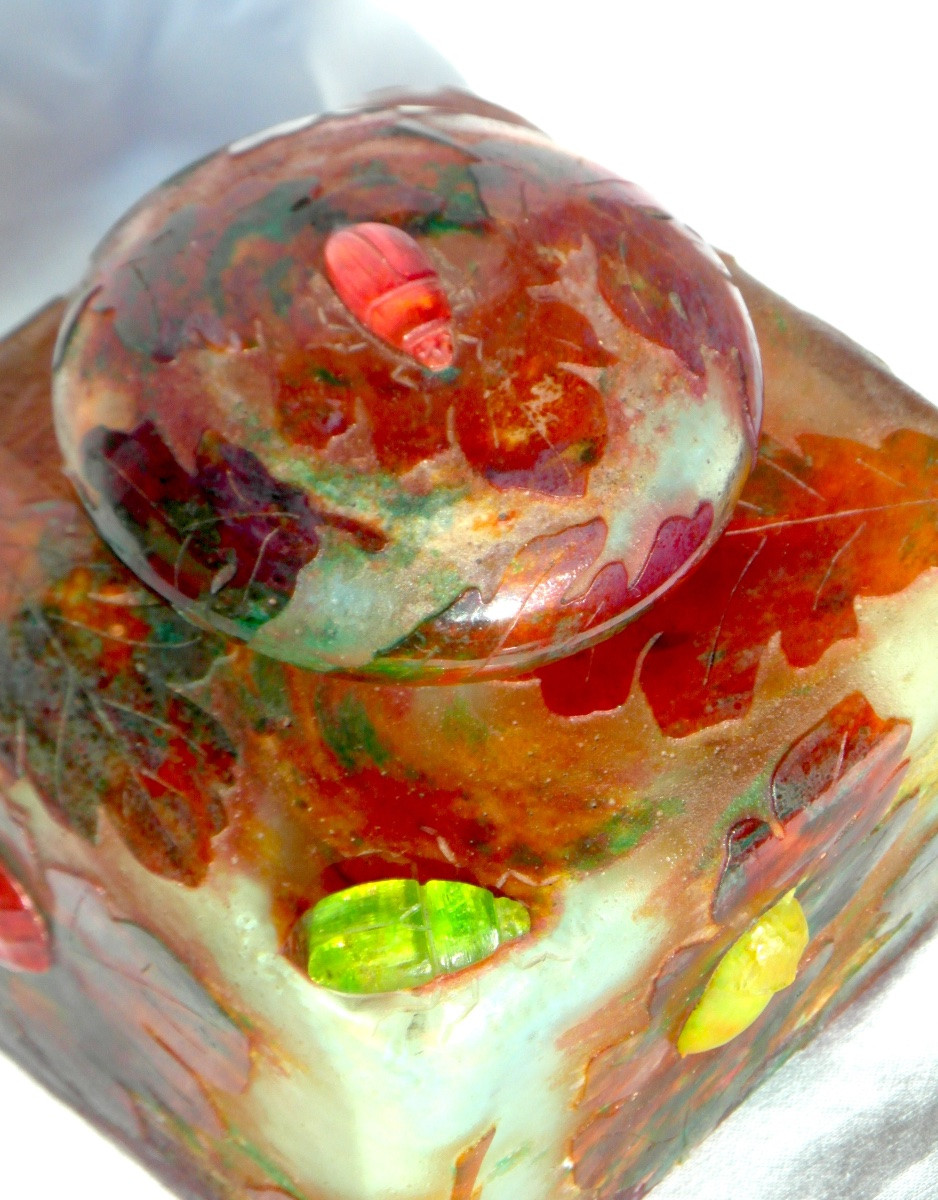 Daum Inkwell With Oak Leaves And Beetle Appliqués, Galle Era 1900-photo-4