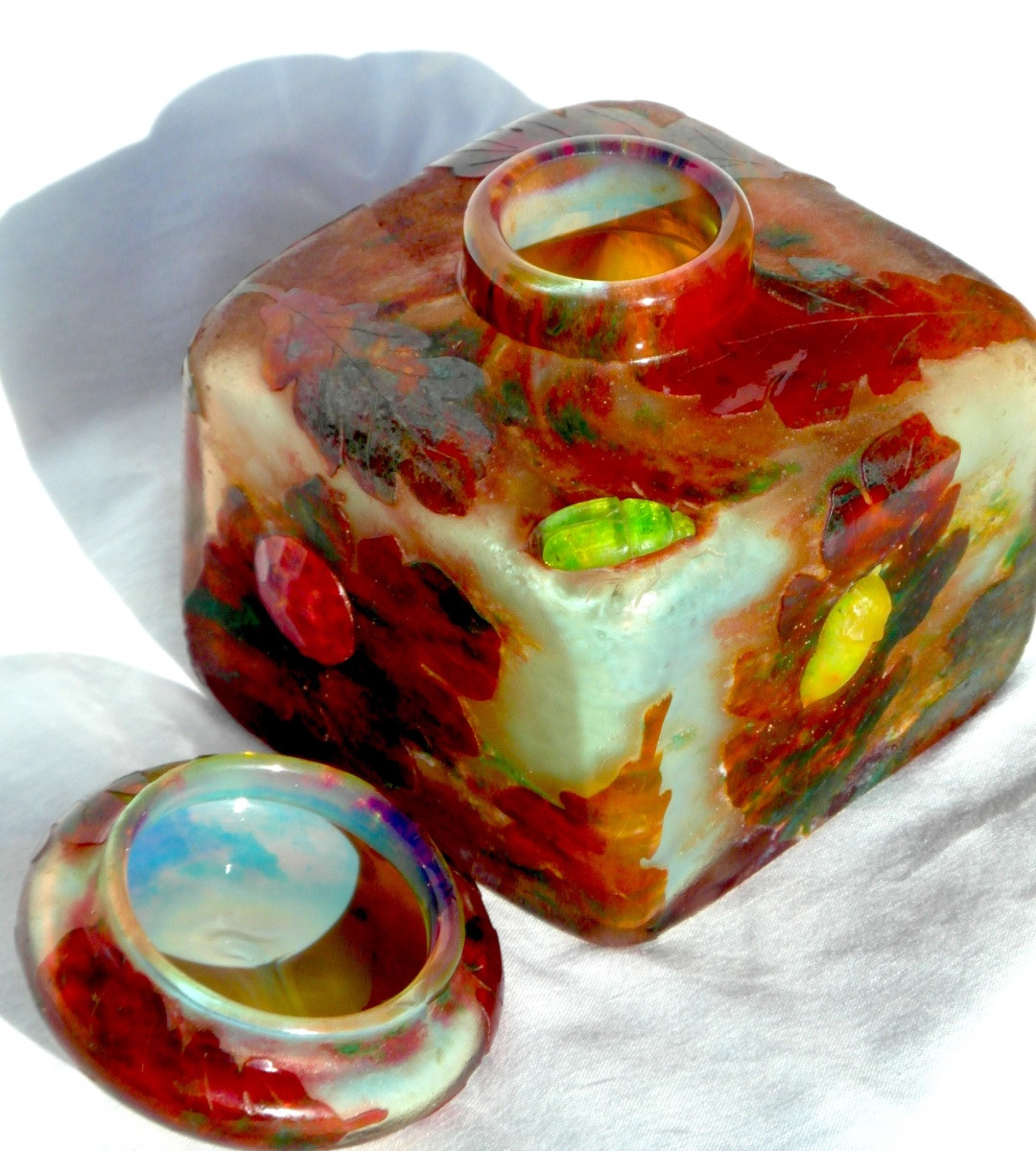 Daum Inkwell With Oak Leaves And Beetle Appliqués, Galle Era 1900-photo-5