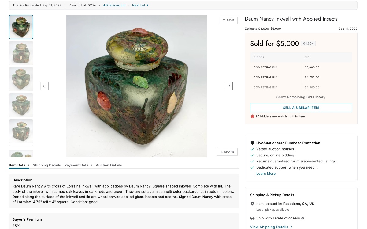 Daum Inkwell With Oak Leaves And Beetle Appliqués, Galle Era 1900-photo-8