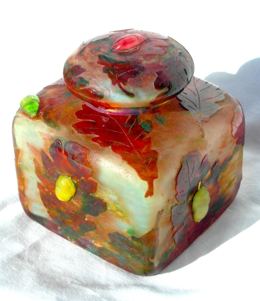 Daum Inkwell With Oak Leaves And Beetle Appliqués, Galle Era 1900