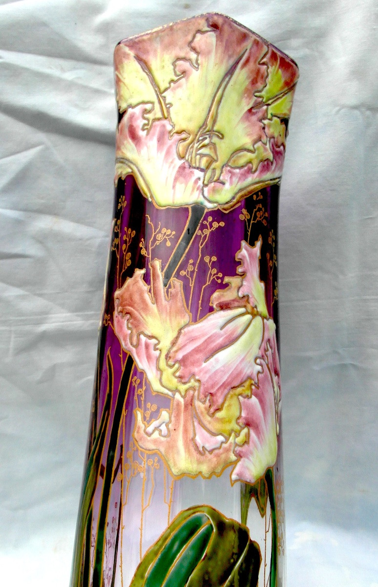 Vase émaillé aux tulipes frisées par Legras, 40 cm, era daum galle 1900-photo-2