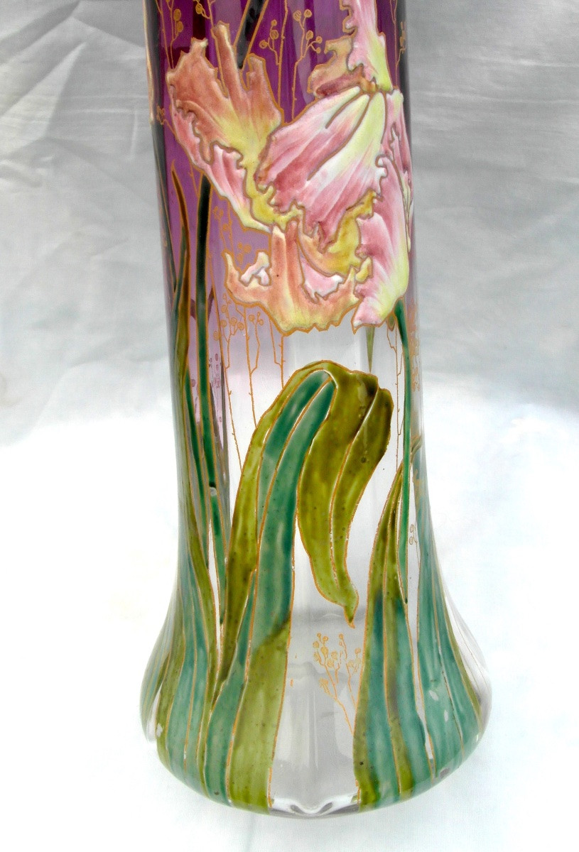 Vase émaillé aux tulipes frisées par Legras, 40 cm, era daum galle 1900-photo-3