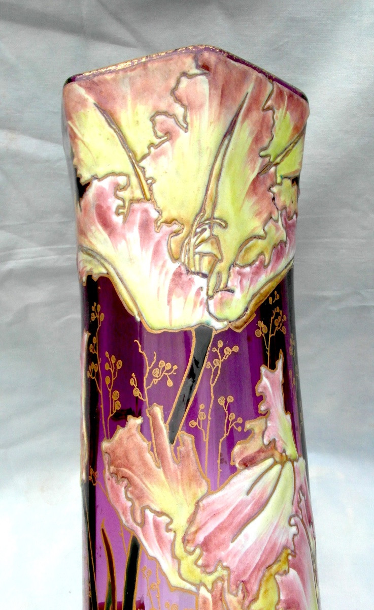 Vase émaillé aux tulipes frisées par Legras, 40 cm, era daum galle 1900-photo-4