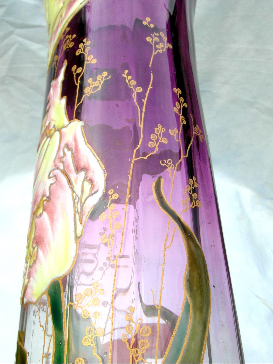 Vase émaillé aux tulipes frisées par Legras, 40 cm, era daum galle 1900-photo-1