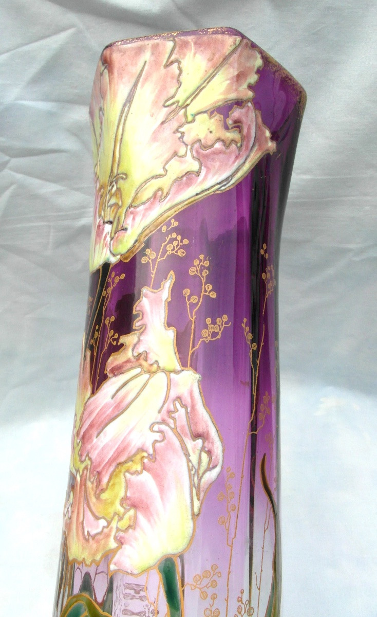 Vase émaillé aux tulipes frisées par Legras, 40 cm, era daum galle 1900-photo-2