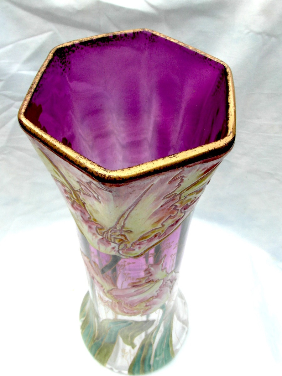 Vase émaillé aux tulipes frisées par Legras, 40 cm, era daum galle 1900-photo-5