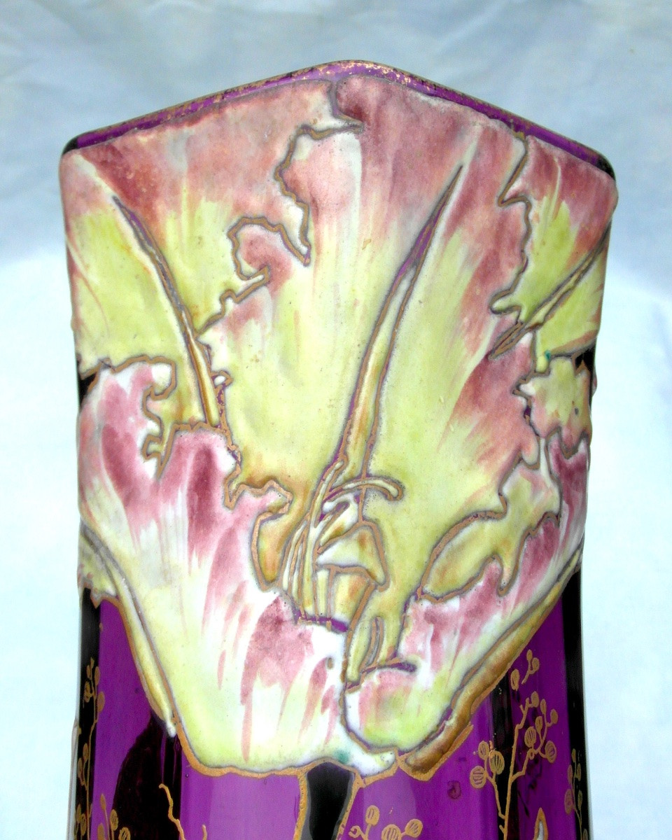 Vase émaillé aux tulipes frisées par Legras, 40 cm, era daum galle 1900-photo-6