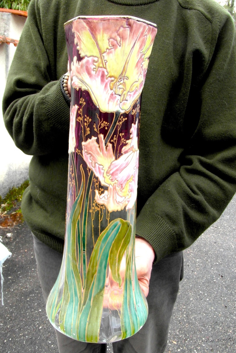 Vase émaillé aux tulipes frisées par Legras, 40 cm, era daum galle 1900-photo-7