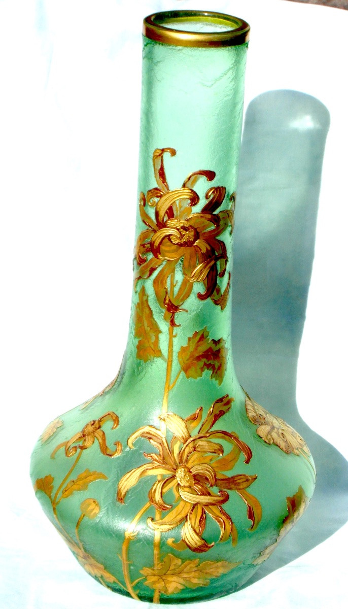 Montjoye Vase, Circa 1900, Engraved Floral Decoration And Gold Enamel, 50 Cm, Legras Daum Galle Era -photo-2