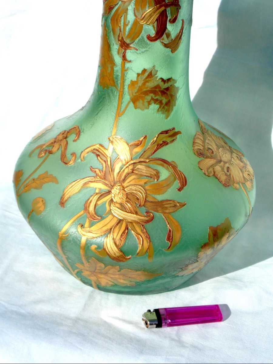 Montjoye Vase, Circa 1900, Engraved Floral Decoration And Gold Enamel, 50 Cm, Legras Daum Galle Era -photo-3
