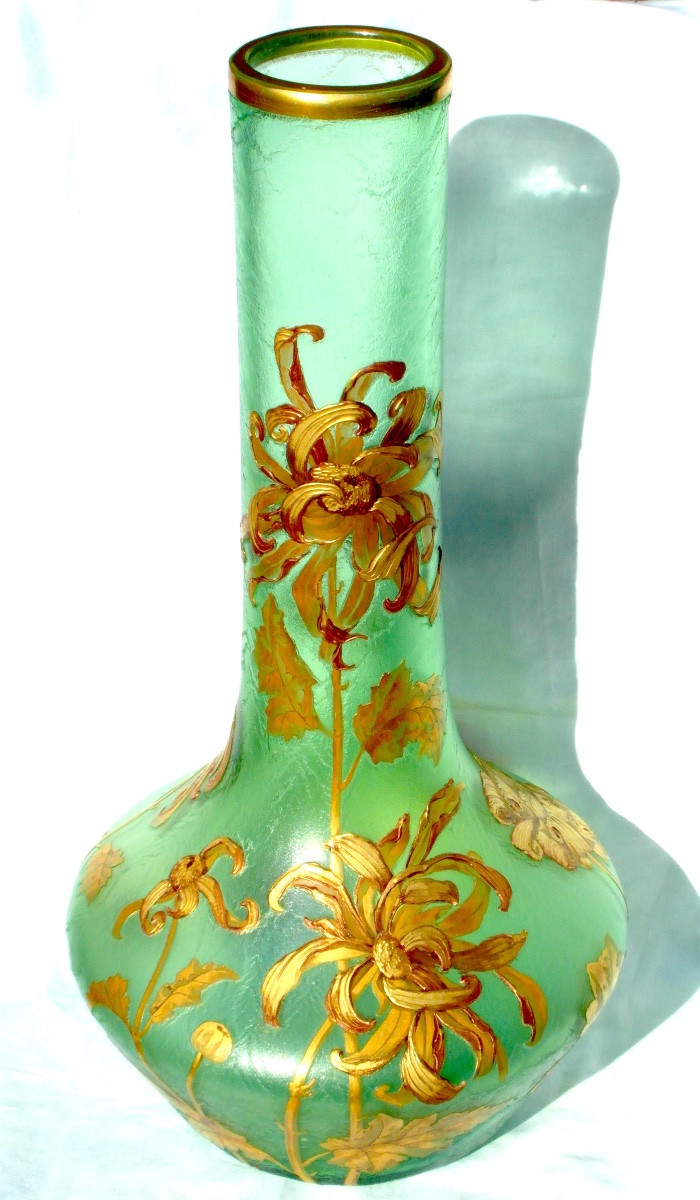 Montjoye Vase, Circa 1900, Engraved Floral Decoration And Gold Enamel, 50 Cm, Legras Daum Galle Era -photo-1