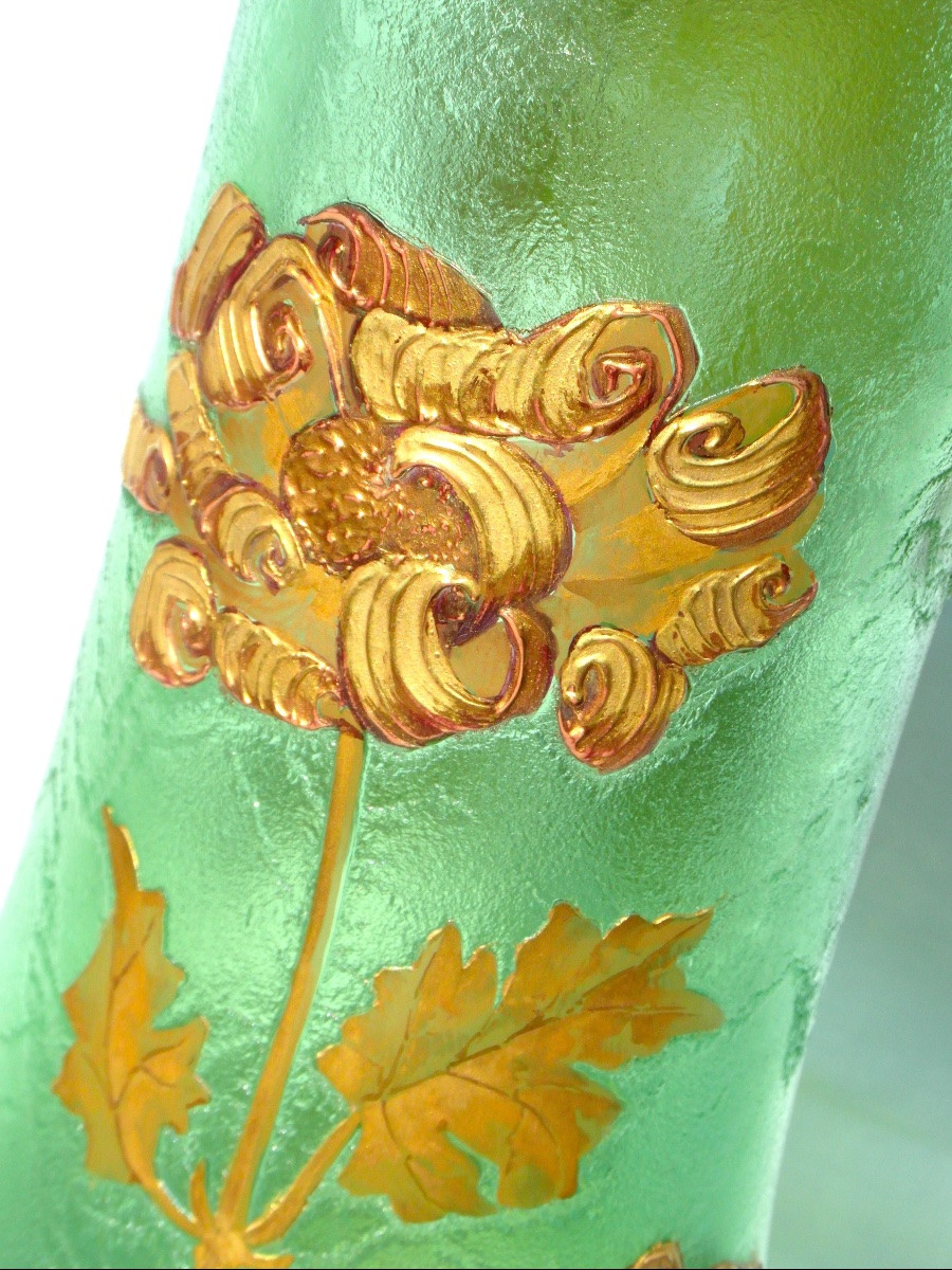 Montjoye Vase, Circa 1900, Engraved Floral Decoration And Gold Enamel, 50 Cm, Legras Daum Galle Era -photo-2