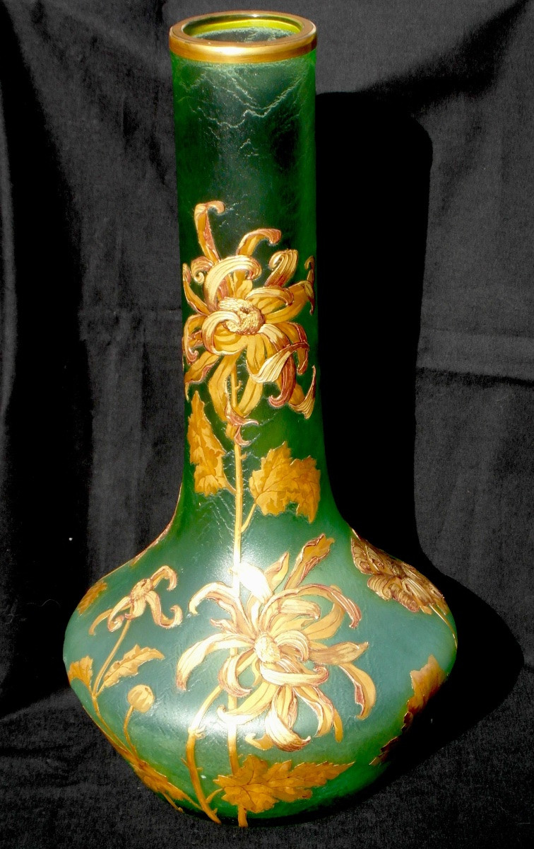 Montjoye Vase, Circa 1900, Engraved Floral Decoration And Gold Enamel, 50 Cm, Legras Daum Galle Era -photo-4