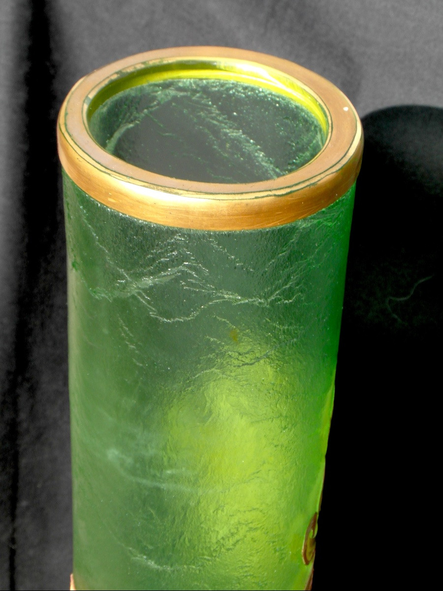 Montjoye Vase, Circa 1900, Engraved Floral Decoration And Gold Enamel, 50 Cm, Legras Daum Galle Era -photo-5