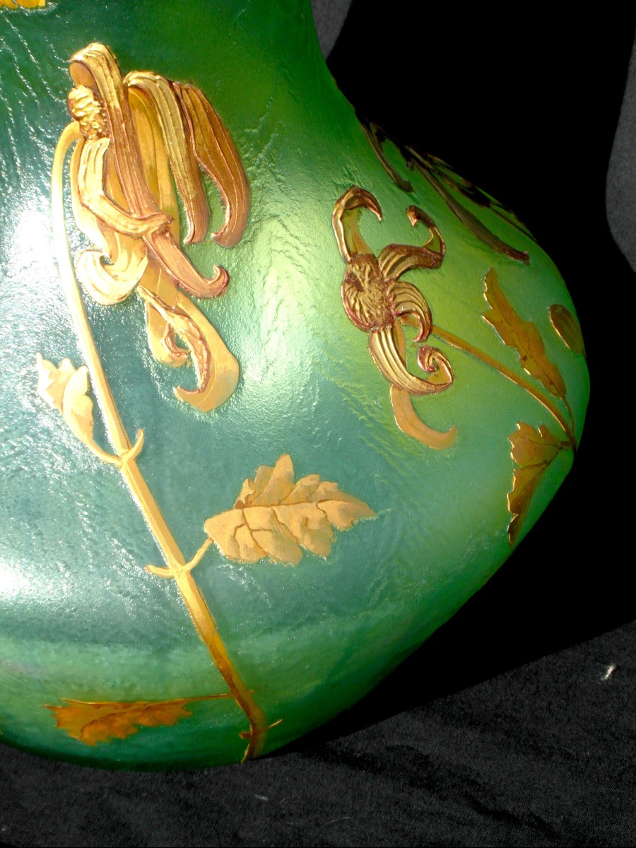 Montjoye Vase, Circa 1900, Engraved Floral Decoration And Gold Enamel, 50 Cm, Legras Daum Galle Era -photo-6