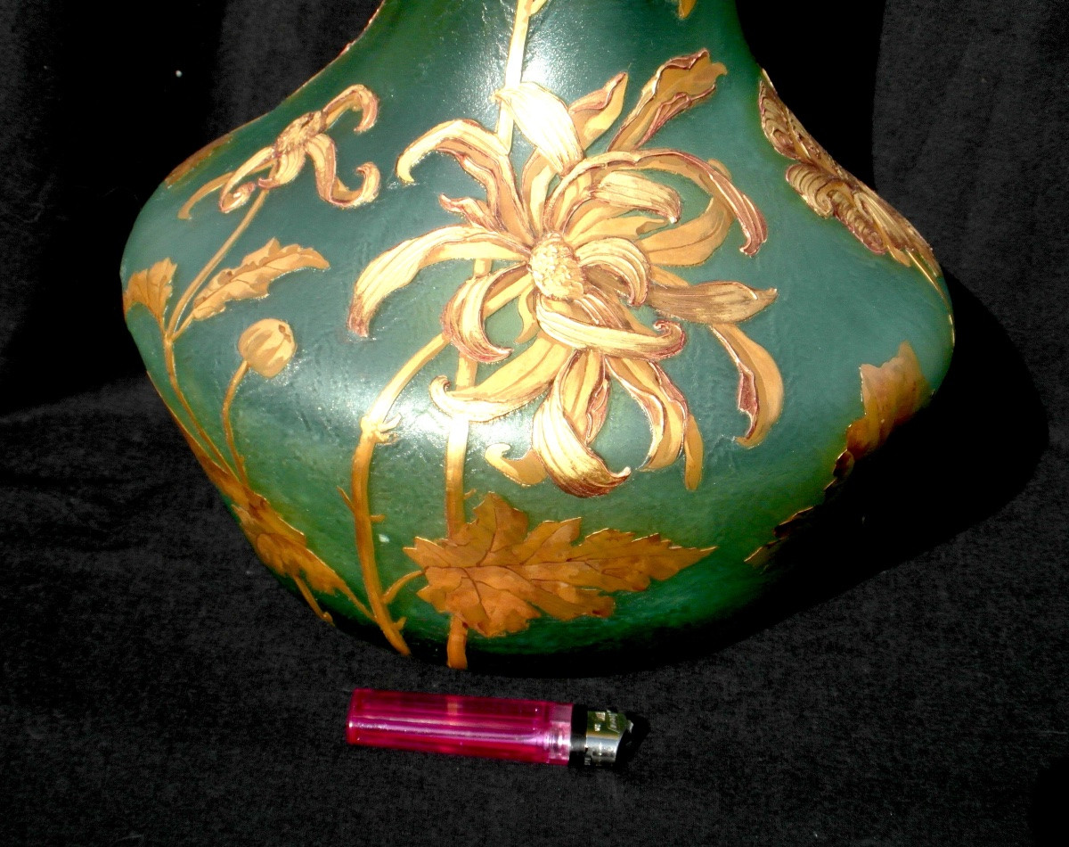 Montjoye Vase, Circa 1900, Engraved Floral Decoration And Gold Enamel, 50 Cm, Legras Daum Galle Era -photo-8