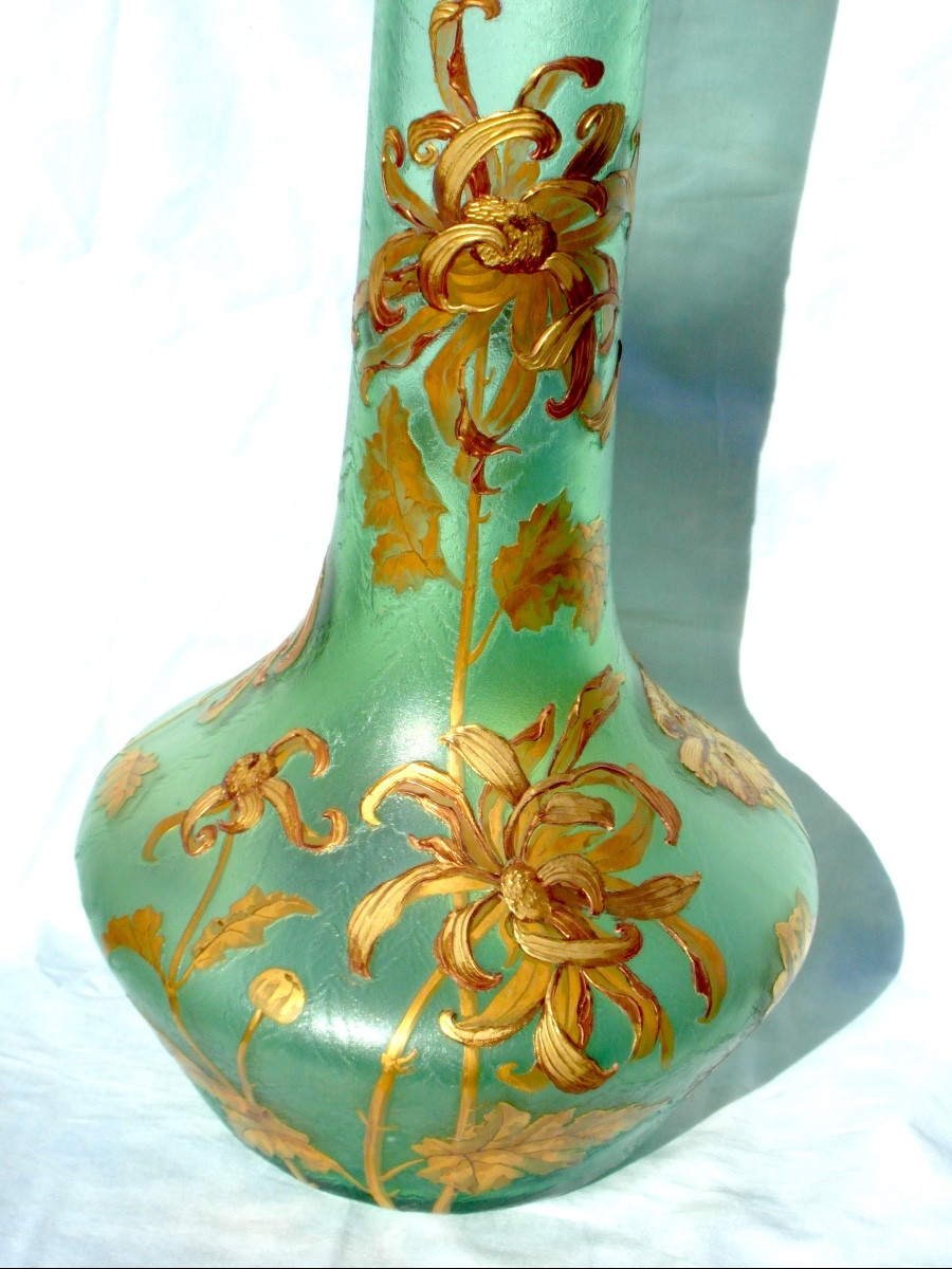 Montjoye Vase, Circa 1900, Engraved Floral Decoration And Gold Enamel, 50 Cm, Legras Daum Galle Era 