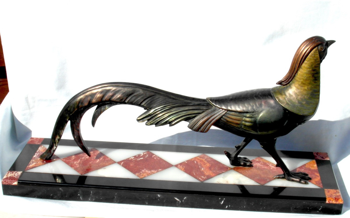 A Period Polychrome Art Deco Piece On Marble And Three-color Onyx, By Daum Bar Soigniez-photo-3