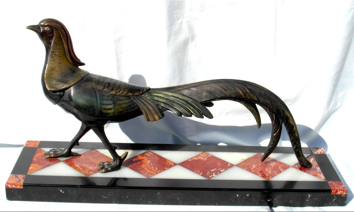 A Period Polychrome Art Deco Piece On Marble And Three-color Onyx, By Daum Bar Soigniez-photo-2