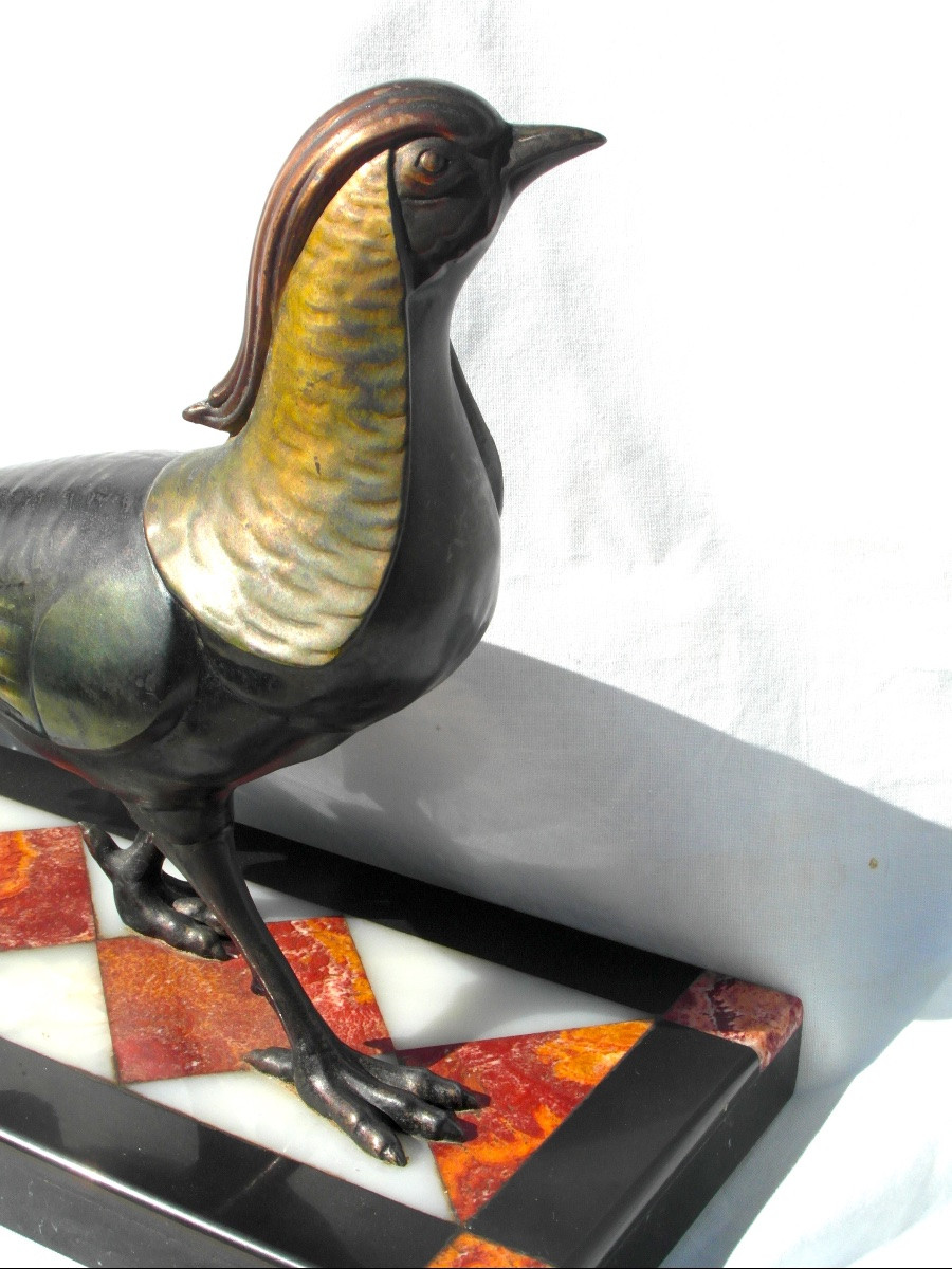 A Period Polychrome Art Deco Piece On Marble And Three-color Onyx, By Daum Bar Soigniez-photo-1