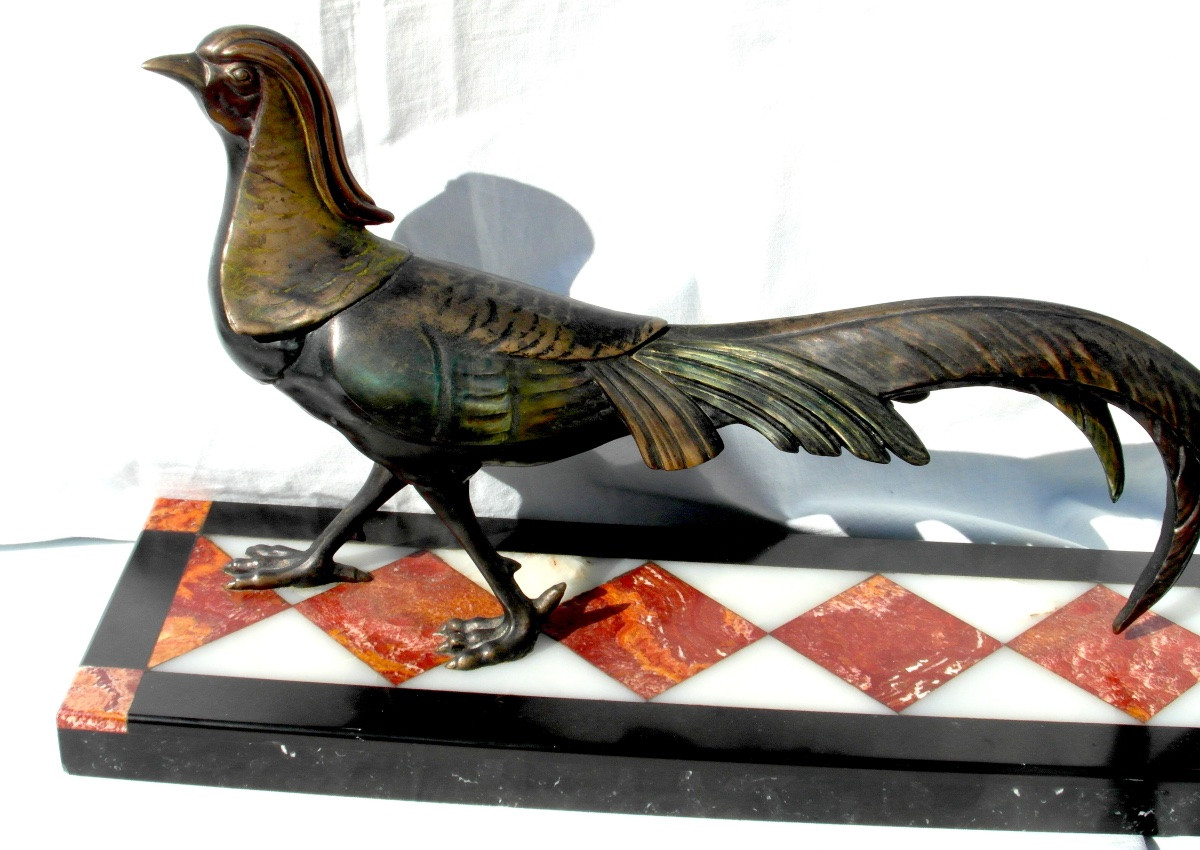 A Period Polychrome Art Deco Piece On Marble And Three-color Onyx, By Daum Bar Soigniez-photo-5