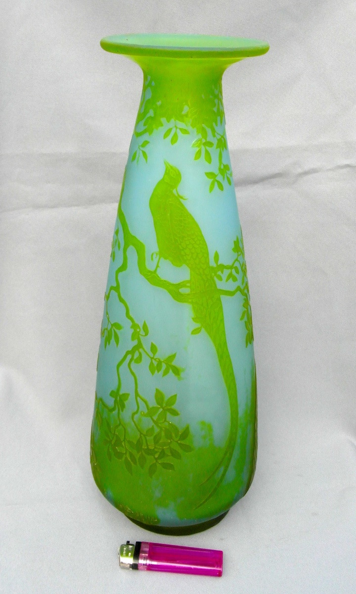 Green Decorative Glass Vase Engraved With A Pheasant By André Delatte, 37 Cm, Dated, Daum Galle Era 1920-photo-3