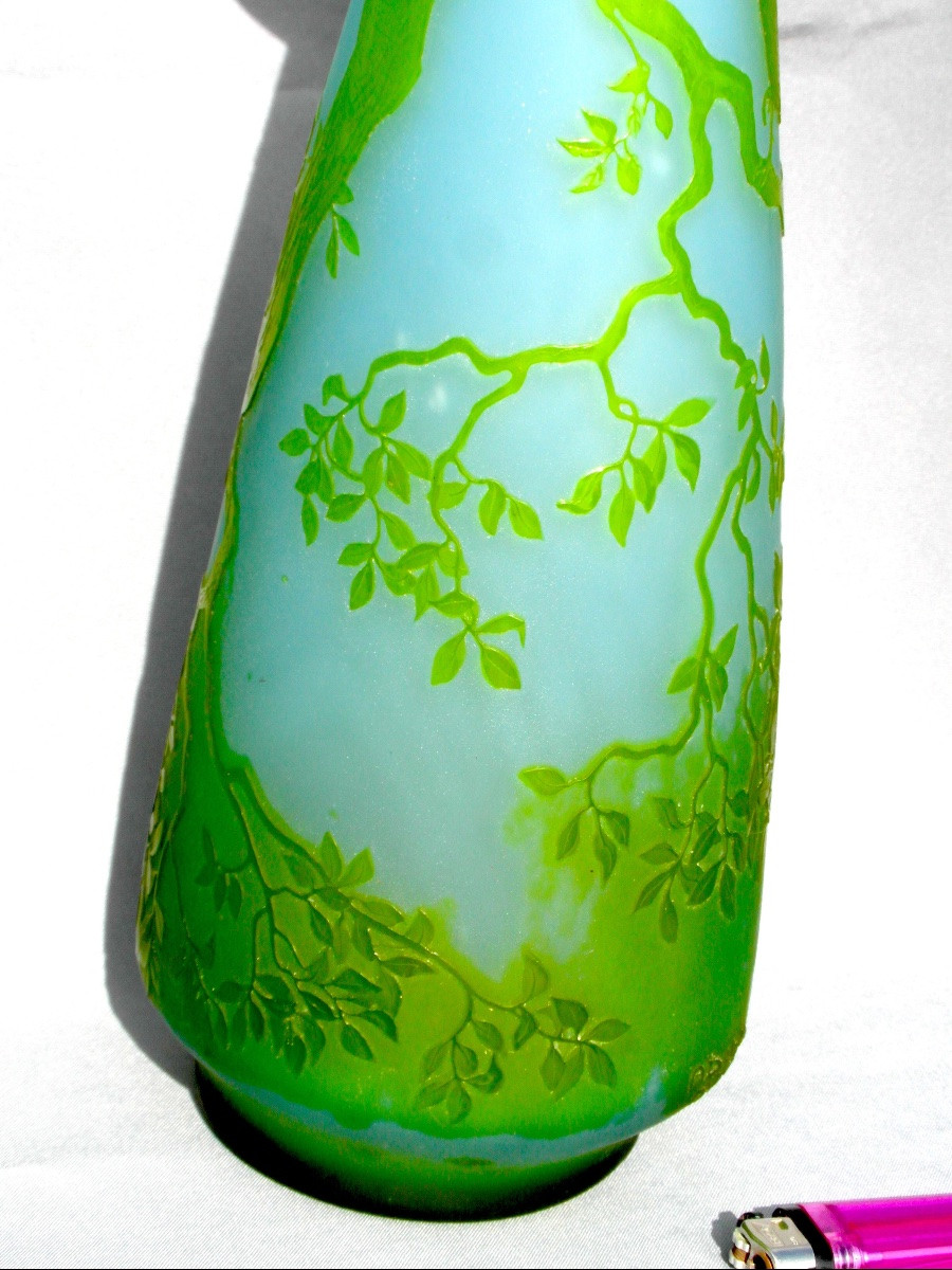 Green Decorative Glass Vase Engraved With A Pheasant By André Delatte, 37 Cm, Dated, Daum Galle Era 1920-photo-4