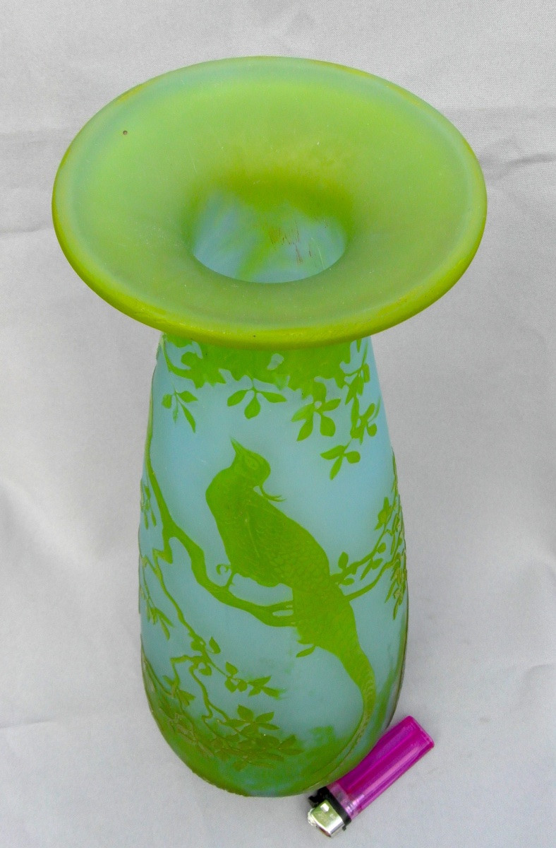 Green Decorative Glass Vase Engraved With A Pheasant By André Delatte, 37 Cm, Dated, Daum Galle Era 1920-photo-1