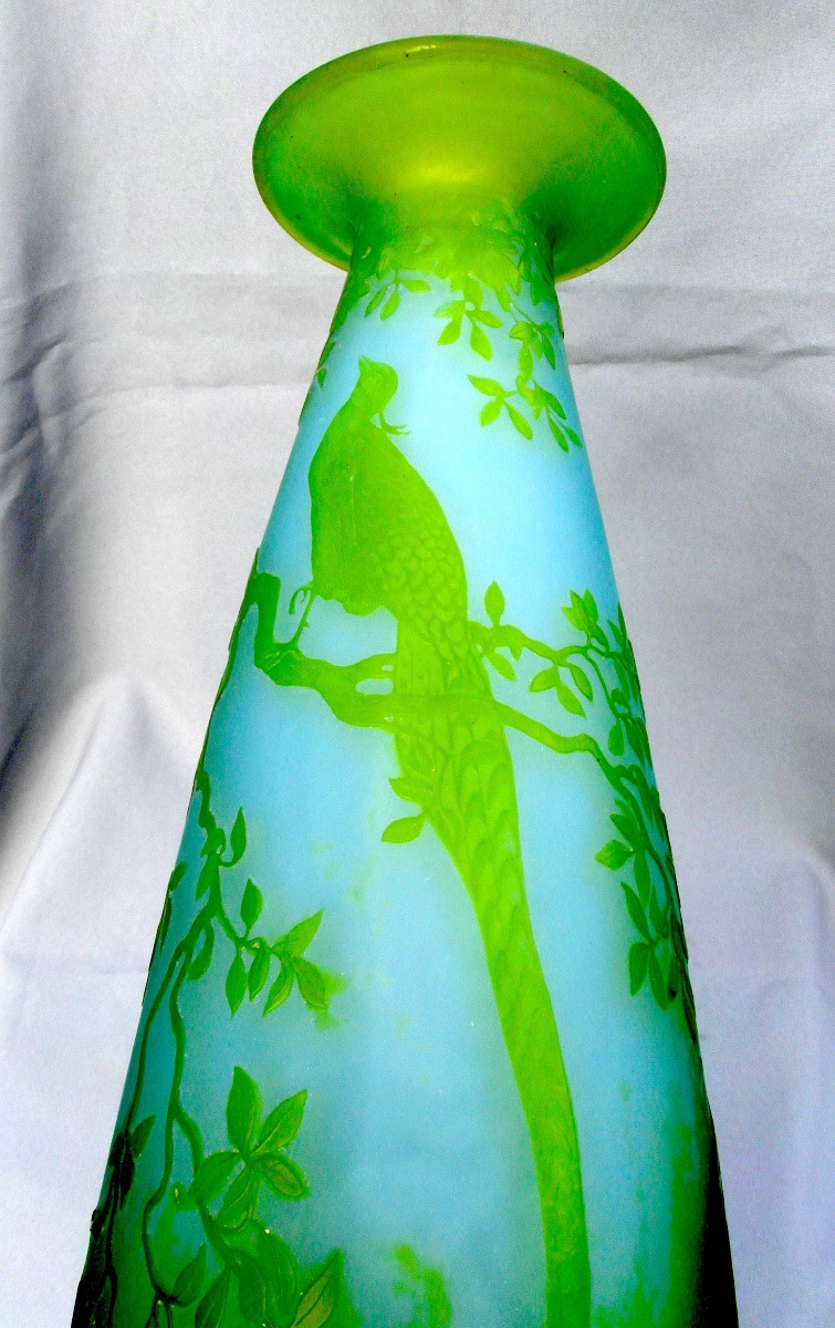 Green Decorative Glass Vase Engraved With A Pheasant By André Delatte, 37 Cm, Dated, Daum Galle Era 1920-photo-2