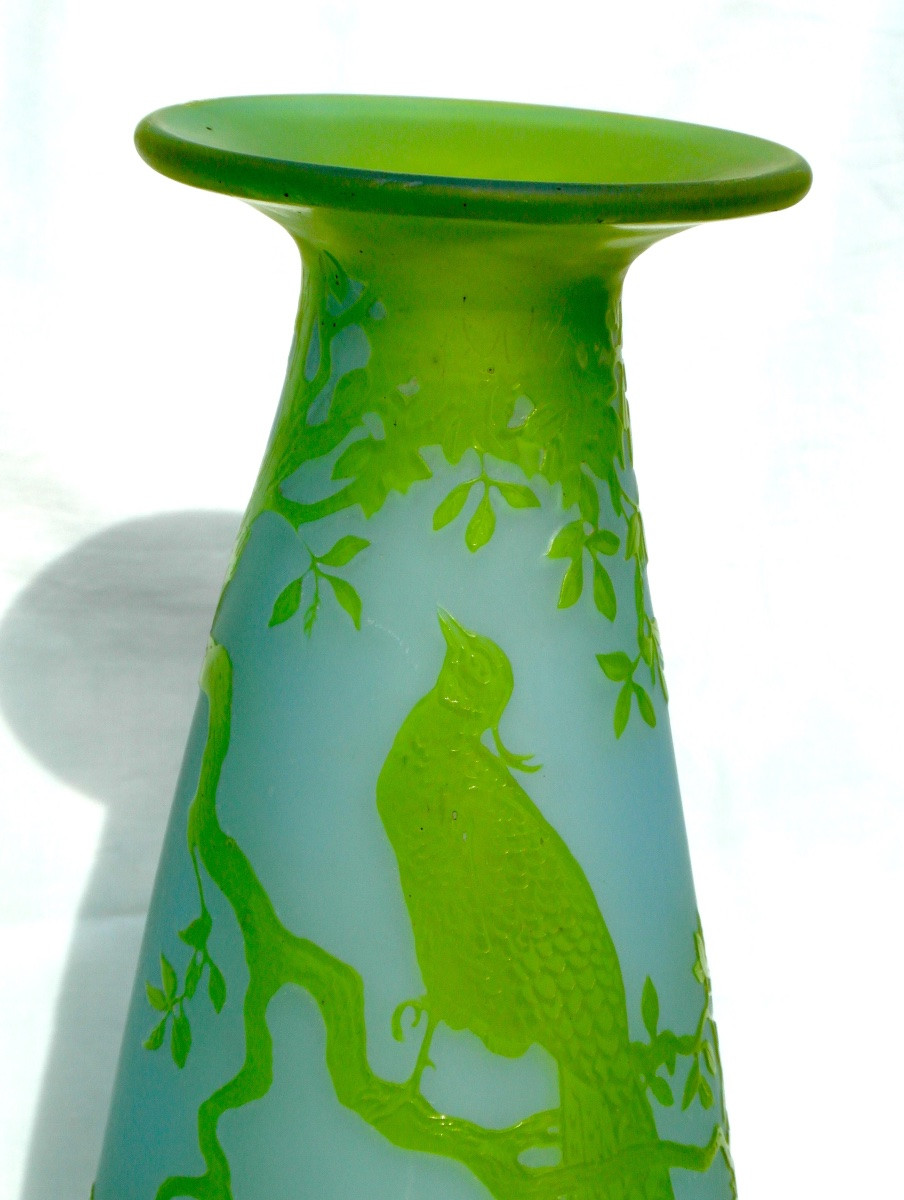 Green Decorative Glass Vase Engraved With A Pheasant By André Delatte, 37 Cm, Dated, Daum Galle Era 1920-photo-3