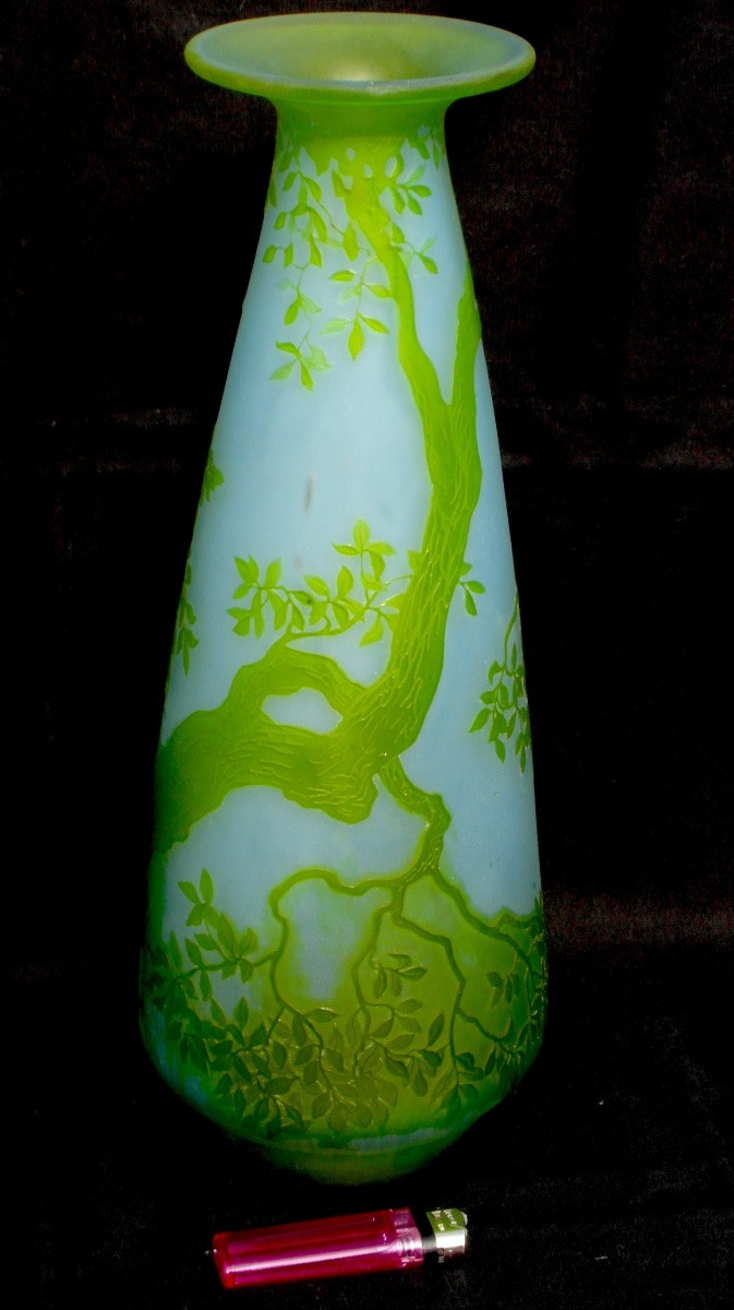 Green Decorative Glass Vase Engraved With A Pheasant By André Delatte, 37 Cm, Dated, Daum Galle Era 1920-photo-4