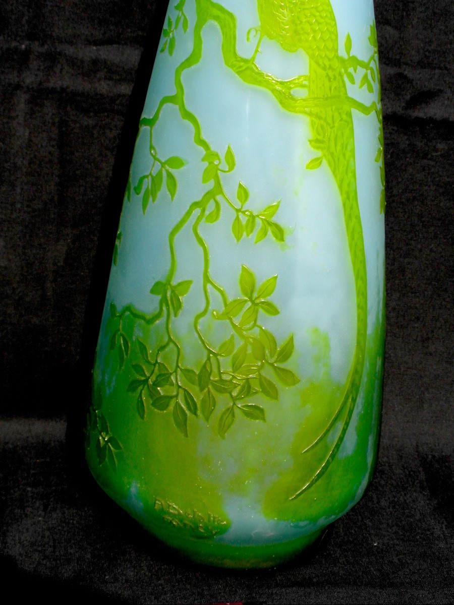 Green Decorative Glass Vase Engraved With A Pheasant By André Delatte, 37 Cm, Dated, Daum Galle Era 1920-photo-5