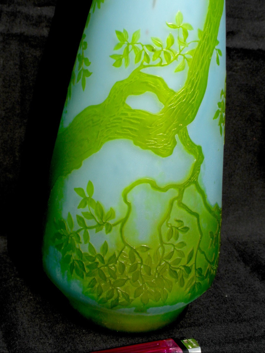 Green Decorative Glass Vase Engraved With A Pheasant By André Delatte, 37 Cm, Dated, Daum Galle Era 1920-photo-6