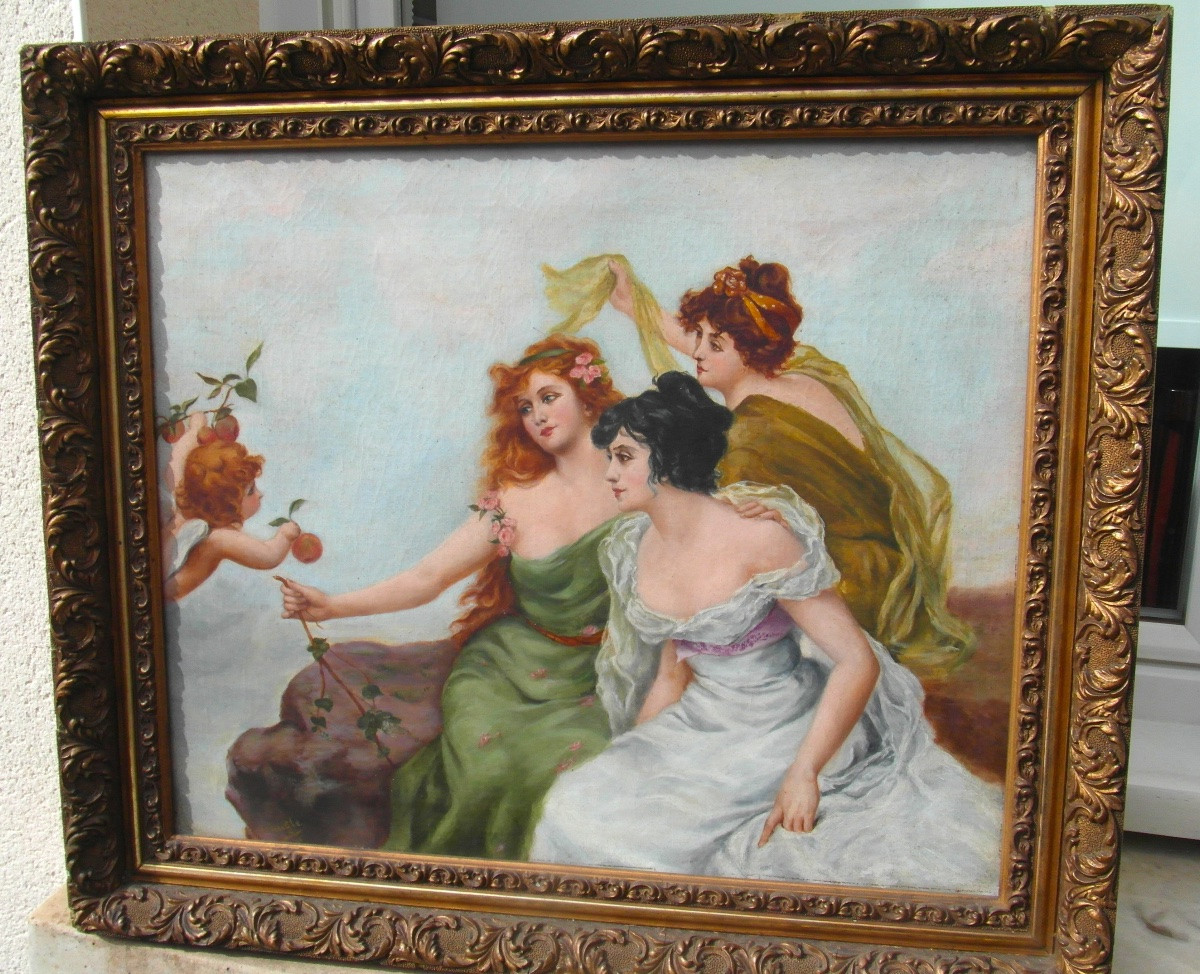 "cupid And The Three Graces" By Laigle, Dated 1901, Art Nouveau Period-photo-2