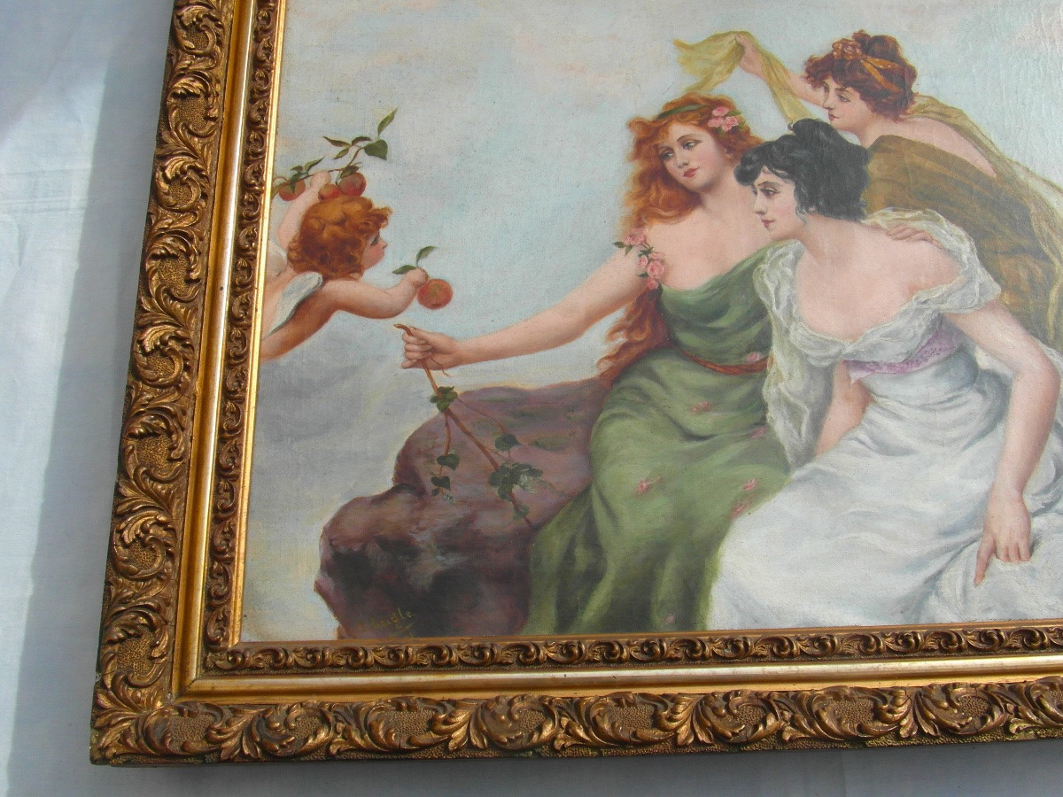 "cupid And The Three Graces" By Laigle, Dated 1901, Art Nouveau Period-photo-3