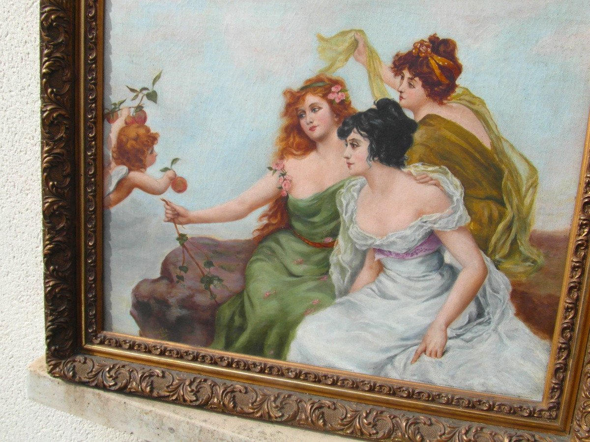 "cupid And The Three Graces" By Laigle, Dated 1901, Art Nouveau Period-photo-1