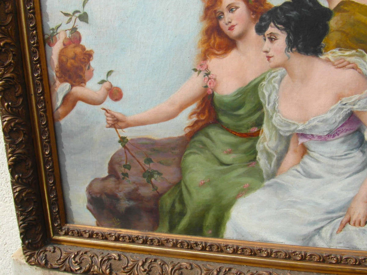 "cupid And The Three Graces" By Laigle, Dated 1901, Art Nouveau Period-photo-2